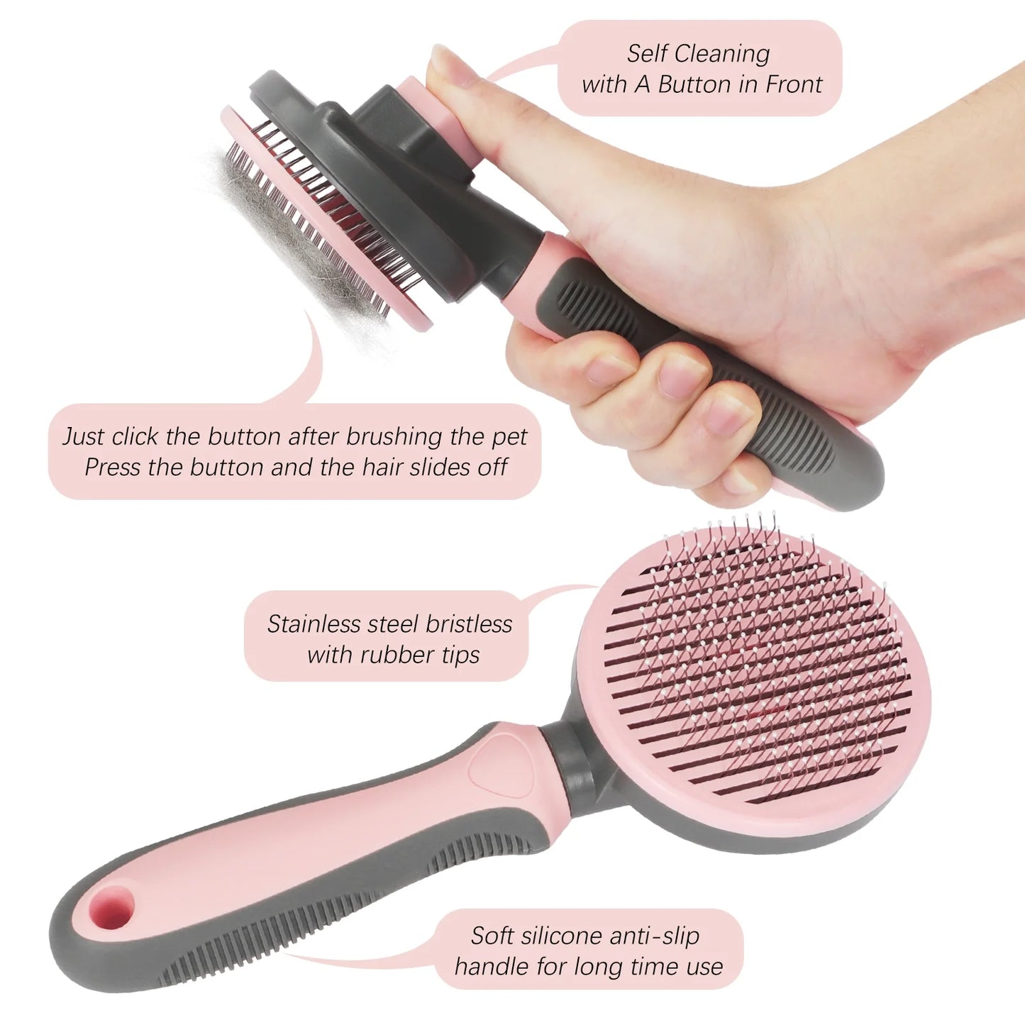 Pet Grooming Brush for Dogs and Cats, Self Cleaning Slicker Dog Cat Brush with Thin Teeth to Remove Loose Fur, Tangles & Dirt, Great for Long and Short Haired Cats & Dogs, Pink