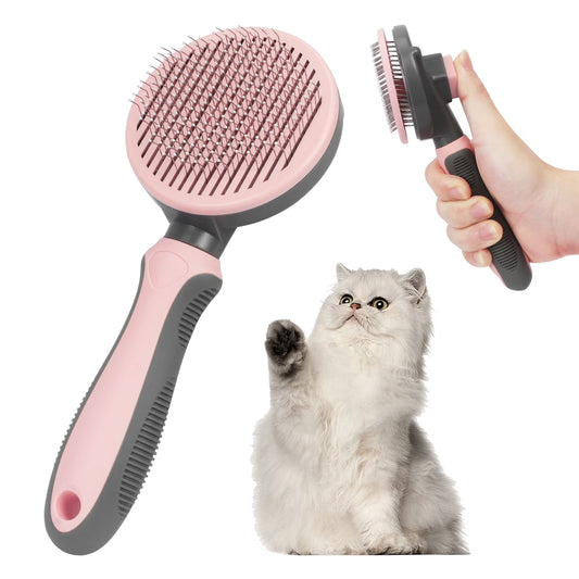 Pet Grooming Brush for Dogs and Cats, Self Cleaning Slicker Dog Cat Brush with Thin Teeth to Remove Loose Fur, Tangles & Dirt, Great for Long and Short Haired Cats & Dogs, Pink
